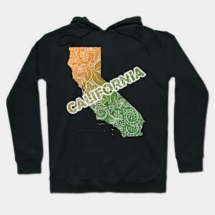 Colorful mandala art map of California with text in green and orange Hoodie